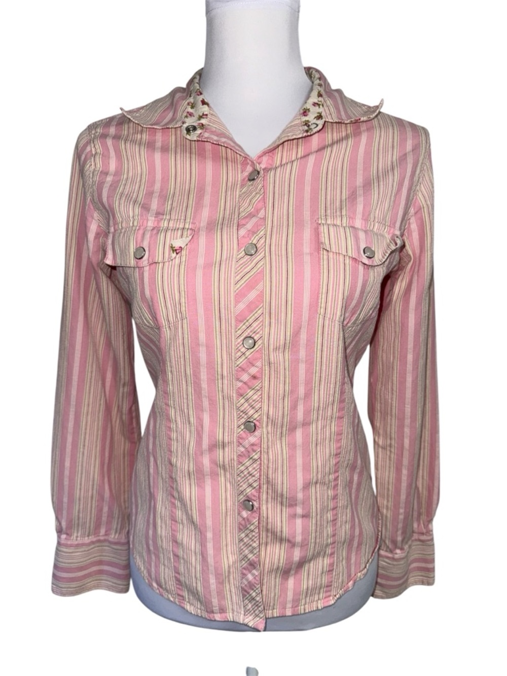 Villager Liz Claiborne Pink Striped Button Up Shirt Floral Collar Womens 10